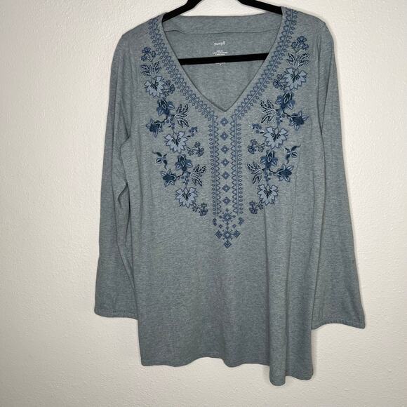 Pure Jill Floral Embroidered V-Neck Tunic Top Gray Pullover Long Sleeve Sz M - Picture 1 of 6
